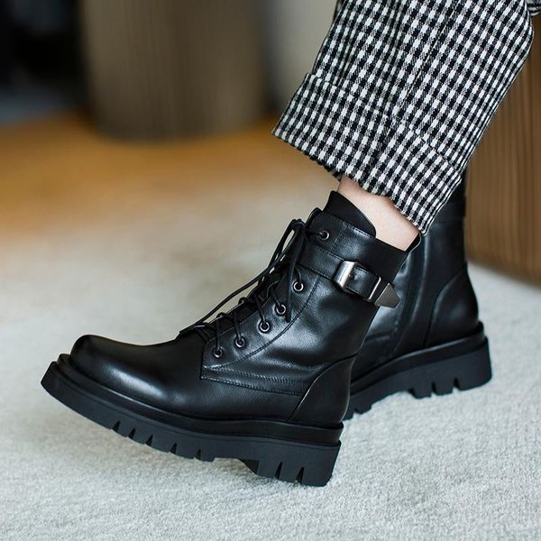 

boots brand cow leather women ankle lace up autumn winter buckle platforms comfort casual shoes woman ladies, Black