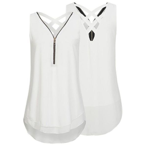 

women pure color chiffon shirt sleeveless cross strap zipper v-neck blouse summer loose breathable plus size, White