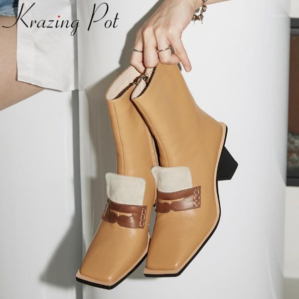 

krazing pot comfortable cow leather zipper keep warm winter shoes high heels dress mixed colors fashion women ankle boots l151, Black