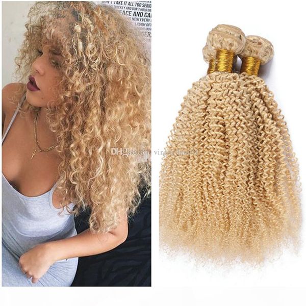 

fashion blonde kinky curly hair extensions #613 blonde weaving weft unprocessed indian human hair weave bundles afro kinky curly, Black;brown