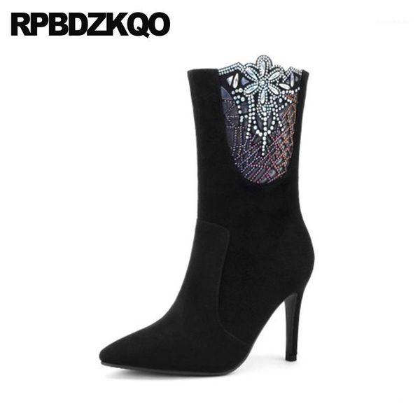 

boots brand women winter genuine leather stiletto shoes pointed toe diamond crossdresser sheepskin mid calf high heel big size1, Black