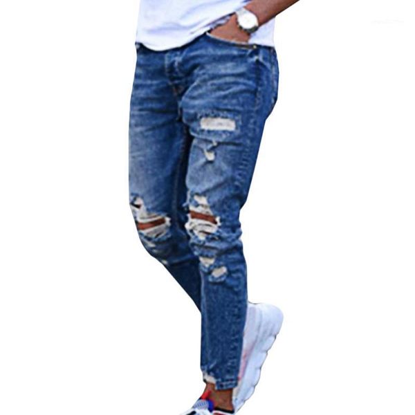 

men's jeans fashion men's summer caual pants hole ropa de hombre 2021 male denim pencil men clothing streetwear #w1, Blue