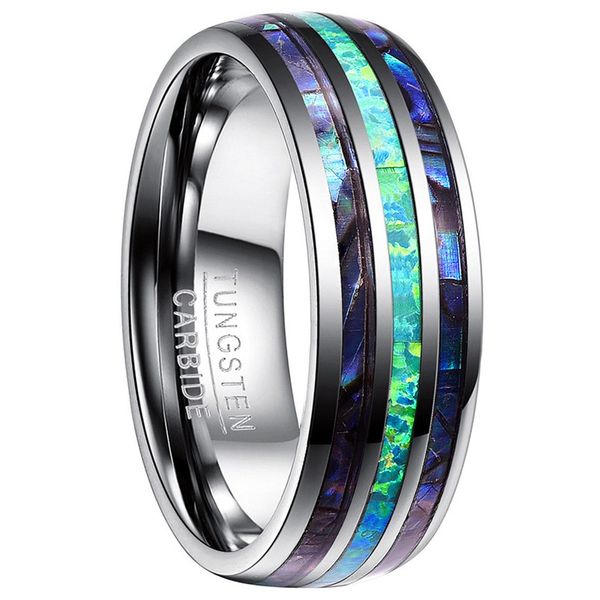 

nuncad brand tungsten carbide ring 8mm width polished dome three groove inlaid abalone shell opal tungsten ring men's jewelry usa size, Silver