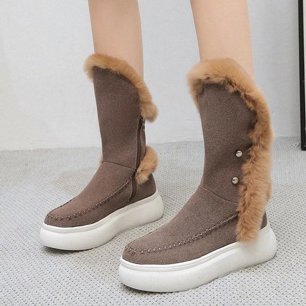 

lucyever 2020 new soft rabbit hair warm snow boots women zipper chunky platform mid calf boots woman winter short plush shoes #ef0e, Black