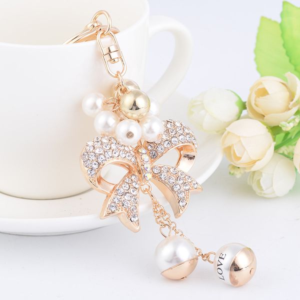 

new fashion ins luxury designer diamond rhinestone cute bow pearl bag charms tassel keychains white gold, Silver