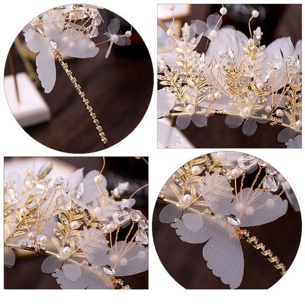 

haimeikang light pink bride wedding crown feather tulle butterfly adorn pearl rhinestone headband banquet tiara ha qyllar