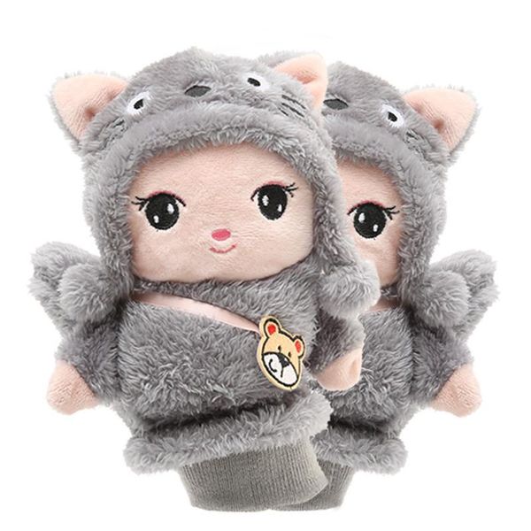 

five fingers gloves women men winter knit cute 3d fluffy cartoon animal decor thickened plush lining windproof thermal warm mittens, Blue;gray