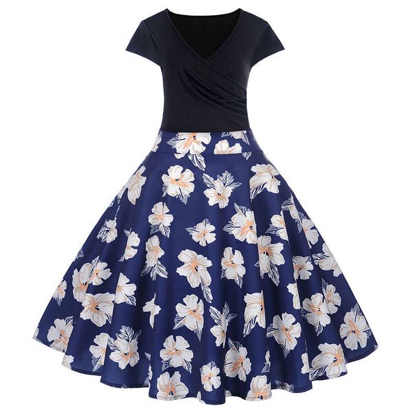 

hepburn s50 waist v-neck swing dress hq0605, Black;gray