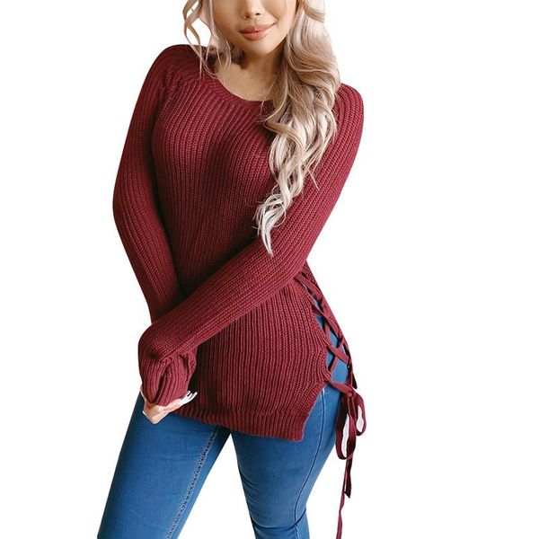 

women's sweaters warm side lace up knitting pullover fashion autumn winter sweater women chic pink v-neck knit slim jumper pull fem, White;black