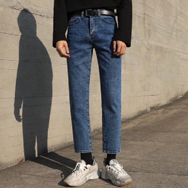 

mens spring long denim pants fashion slim jeans straight loose new korean trend casual ankle-length pants streetwear, Blue
