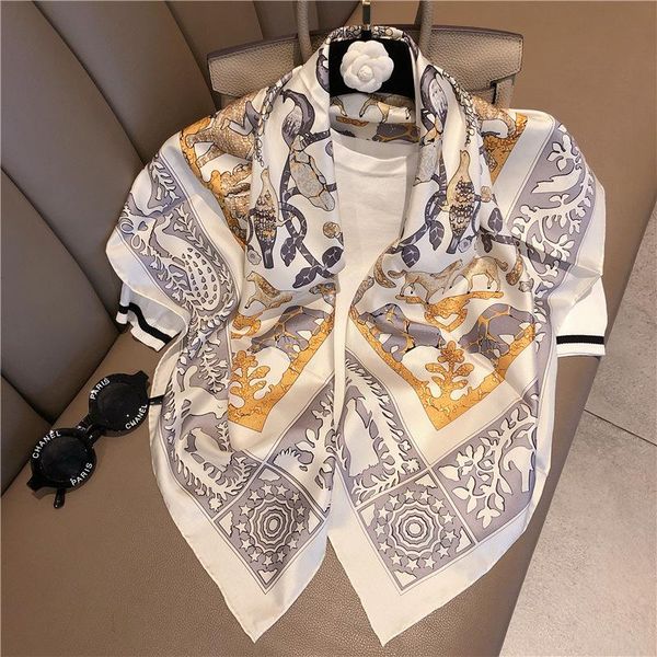 

luxury 100% twill silk scarf for women square shawls hand rolled neck scarfs female 90cm*90cm animal printed scarves for ladies, Blue;gray