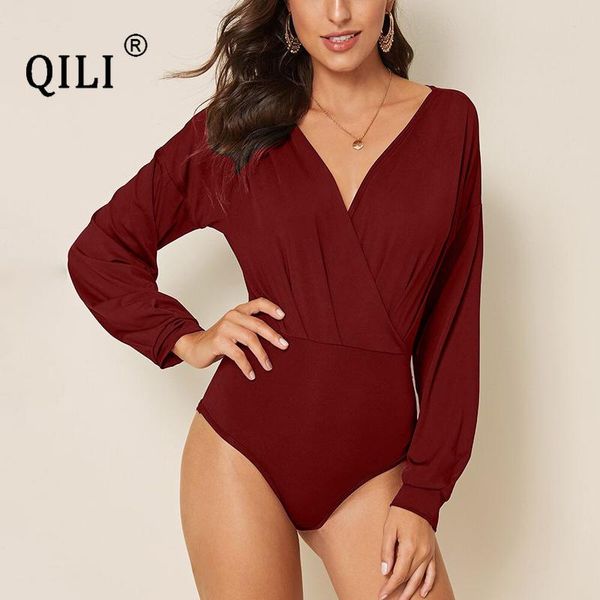 

women's jumpsuits & rompers qili autumn women long sleeve v neck bodysuits black burgundy pleated jumpsuit womens, Black;white