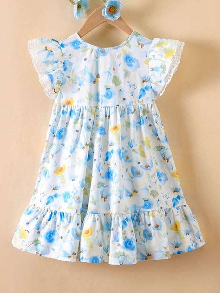 

toddler girls floral print contrast lace ruffle trim smock dress she, Red;yellow