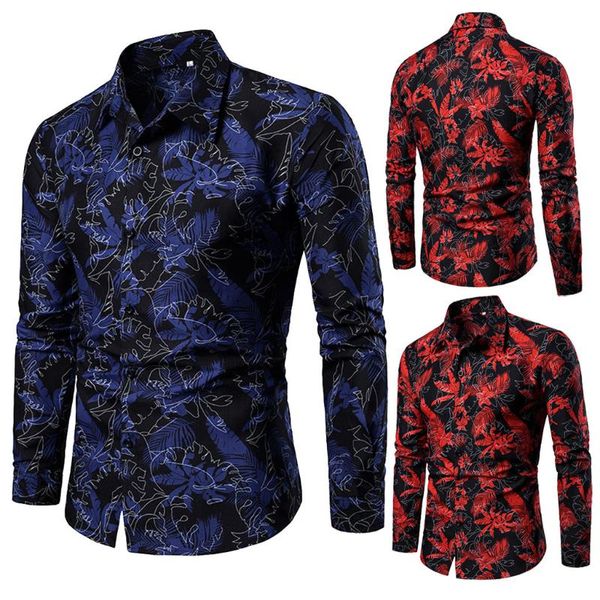 

floral shirt men blouse fashion casual pattern stand collar button long sleeve shirt male hawaiian camisas de hombre, White;black