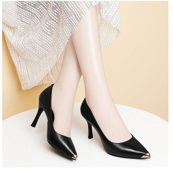 

classic women's stiletto heel pointed toe pumps genuine leather sequined toe dress shoes for party wedding in 34-40, Black