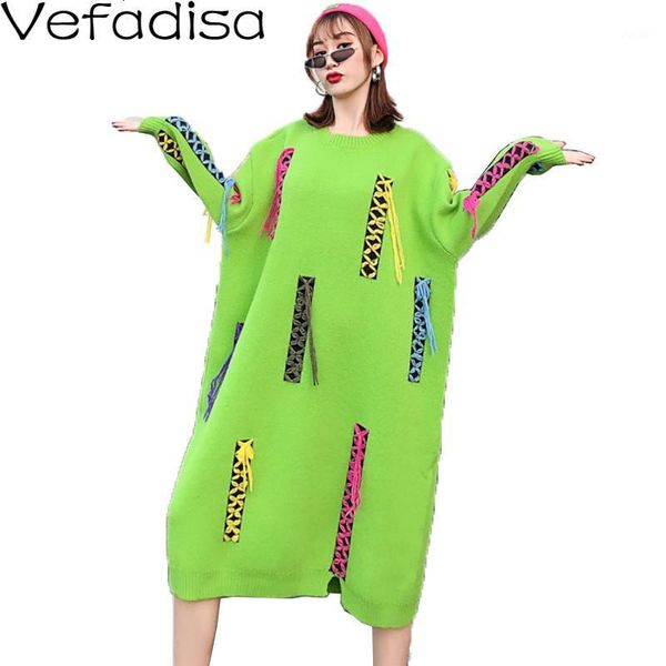 

vefadisa tassels pullovers sweater dress woman 2019 winter thick knitting dress o-neck letter print loose green qyf15451, White;black