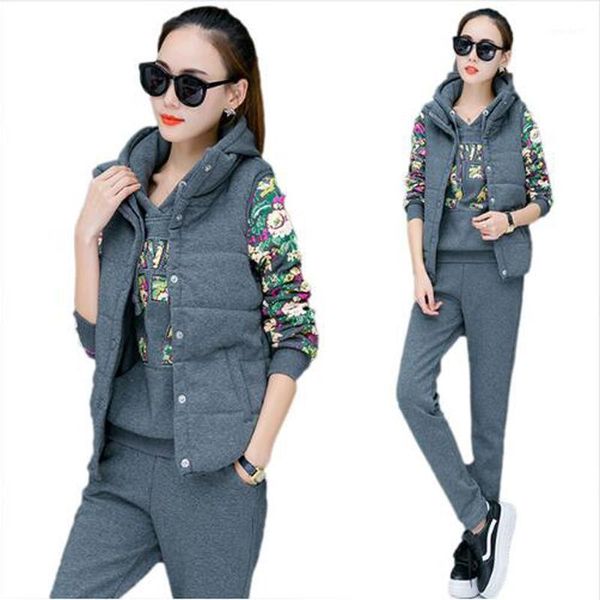 

two piece dress sportsuit women winter 3 set hoodies + vest pants women's tracksuit plus velvet thicken sweat suits female sportswear1, White