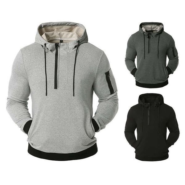 

new style hollow large color matching loose men's outdoor sports casual hooded sweater coat, Gray