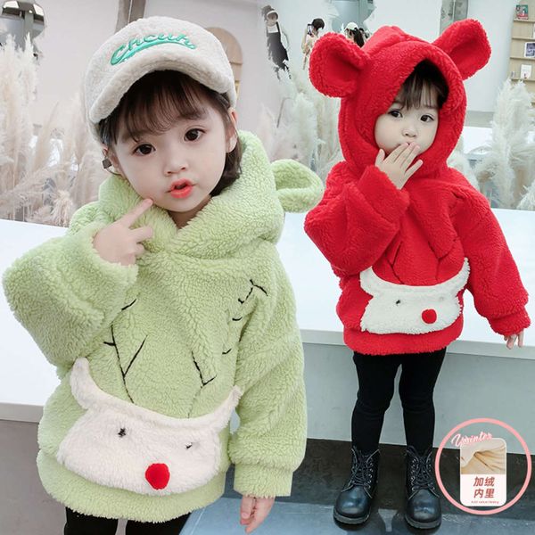

baby's girls' 2020 new winter cloth thickened hoodie children's hooded and ffy sweater, Black