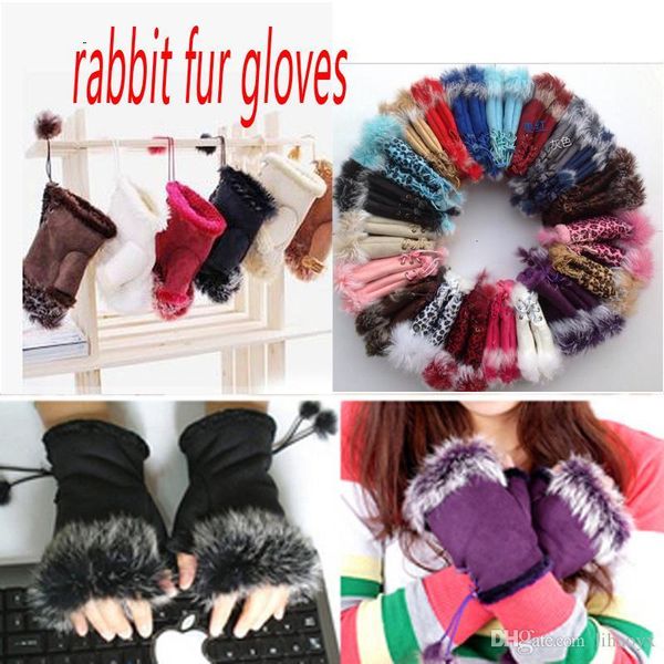 

fashion girl leather 2019 rabbit hand warm winter fingerless gloves w017
