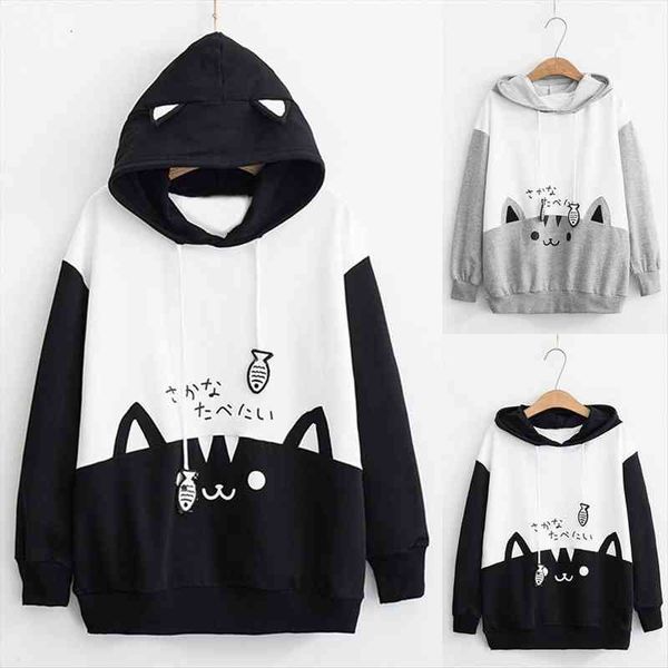 

women hoodies kawaii kitty cat print sweatshirt casual long sleeve fashion pocket shirt kawaii clothes dropshipping, Black