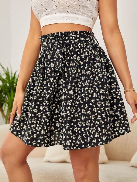 

paperbag waist ditsy floral skirt l480#, Black