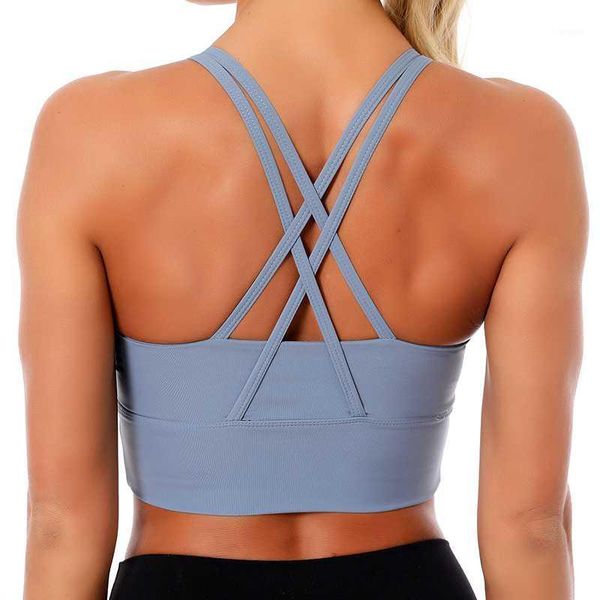

women vest sports bra gym fitness running sports high stretch gather push up bra cross thin straps1, White