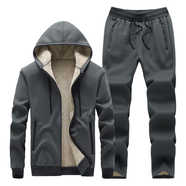 

men's tracksuits men sweatshirt sporting sets winter hooded jacket + pants casual clothing track suit sportswear coat two pieces, Gray