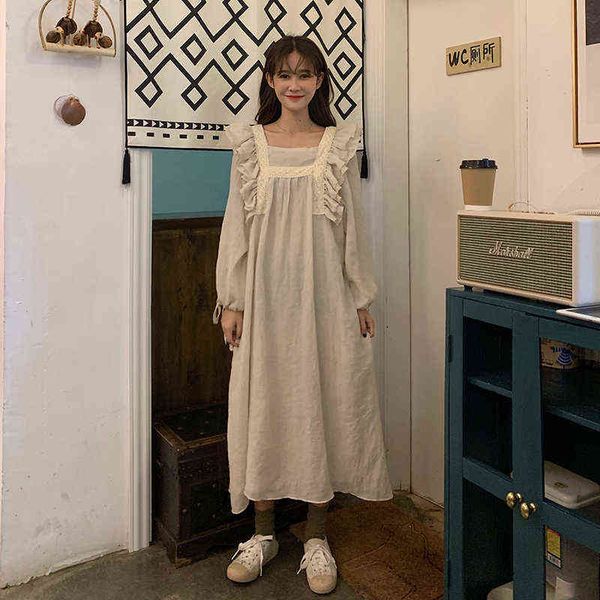 

women autumn long sleeve vintage long dress cotton ladies lace ruffle square collar straight maxi dresses loose plus size, Black;gray
