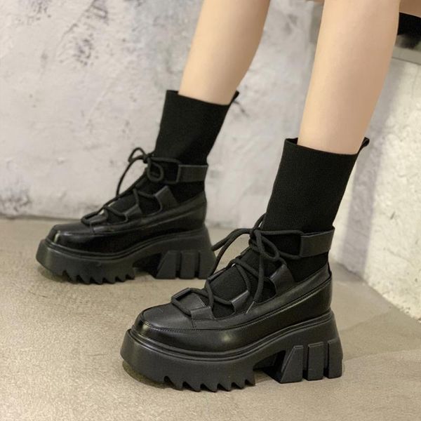 

boots woman 2021 new ladies casual stretch fabric socks boots fashion cross-tied women shoes platform gothic women, Black
