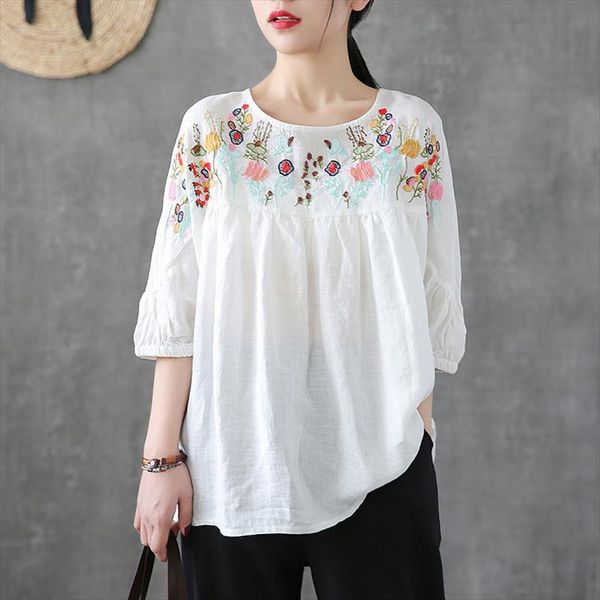 

vintage floral embroidery blouse women o neck plus size summer cotton loose ladies short sleeve tees clothes, White