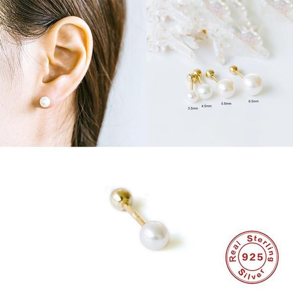 

aide ins luxury s925 sterling silver stud earrings minimalist for women 3.5mm pearl thread piercing bone nails fine jewelry1, Golden;silver