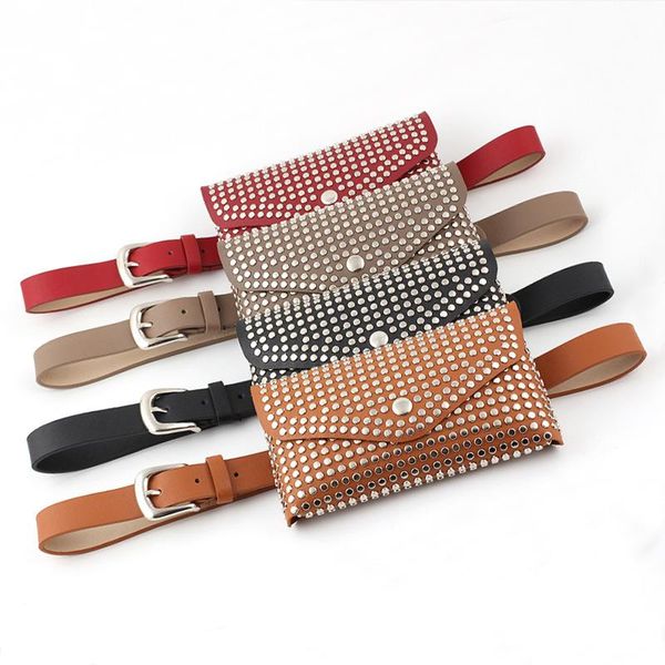 

fashion new ladies rivet pockets decorative belt casual mobile phone bag big pocket belt for women, Black;brown