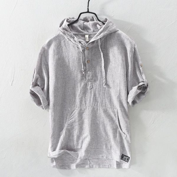 

summer fashion men shirts hooded collar half sleeve shirts men linen cotton fabric japanese style casual tee shirt camisa hombre1, White;black