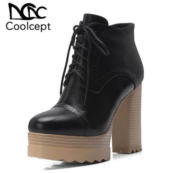 

boots coolcept shoes women ankle zipper thick platform winter warm fur knight fashion lady footwear size 32-42, Black