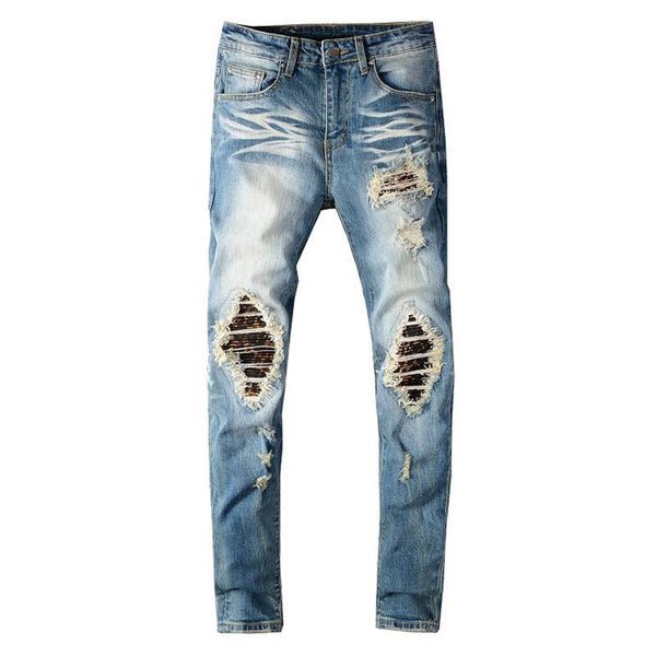 

men's printed pleated patchwork biker jeans streetwear holes ripped stretch denim slim skinny pants, Blue