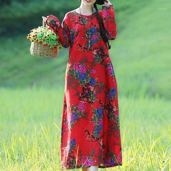 

ankle-length casual dress floral printing loose fashion 2020 autumn dress long sleeve o-neck elegant ropa mujer #331, Black;gray