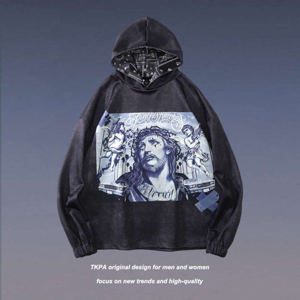 

tkpa printed pullover sweater men's and women's trendy hip hop street loose bf couple casual hooded jacket, Black