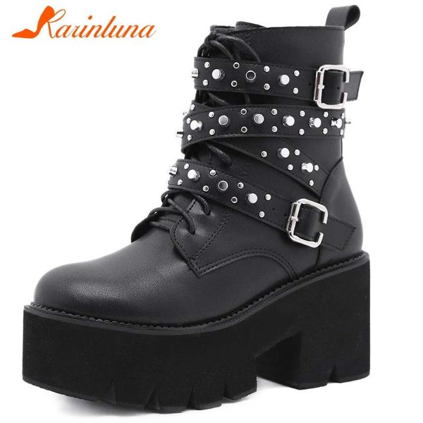 

karin 2021 new fashion design shoes lady women buckle straps platform thick high heels round toe ankle women boots, Black