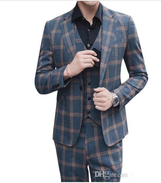 

2021 three piece wedding suits plaid notched lapel groom suit custom made wedding tuxedos for men suits man blazer 3 pieces, White;black