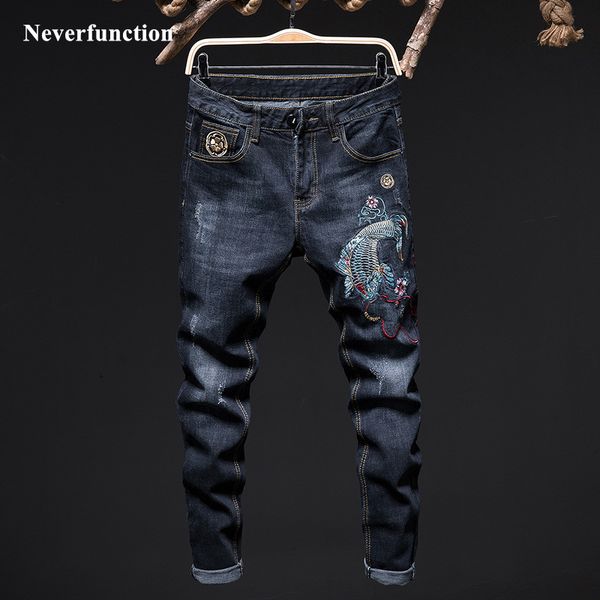 

men ripped fashion carp embroidery skinny biker jeans streetwear stretch slim fit motorcycle man joggers denim trousers q0105, Black;white
