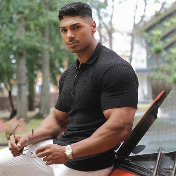 

running polos short sleeve t shirt men fitness slim fit sports strips t-shirt fashion tees summer knitted gym clothing, Black;blue