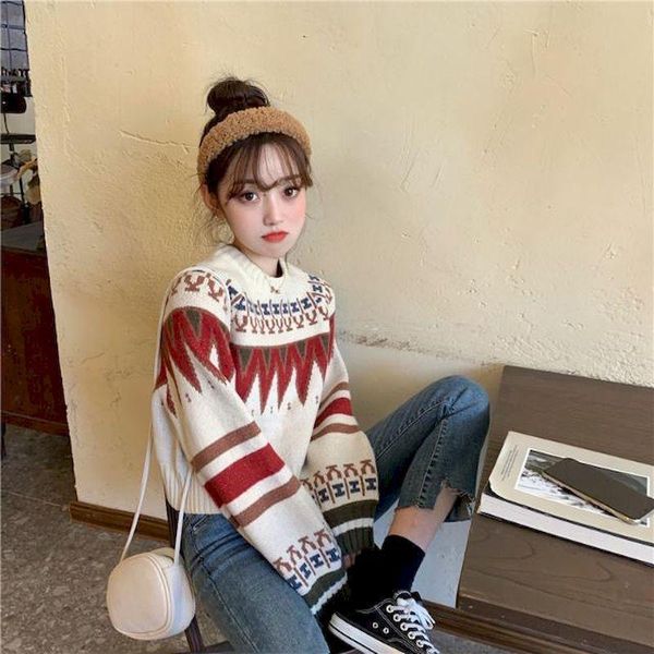 

women's sweaters turtleneck long-sleeved student sweater fall winter korean loose lazy wind thickening contrast christmas family portra, White;black