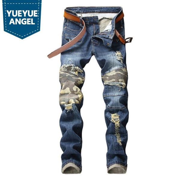 

new man fashion spliced hole denim pants autumn patchwork large size jeans mens brand streetwear pencil pants male trousers, Blue