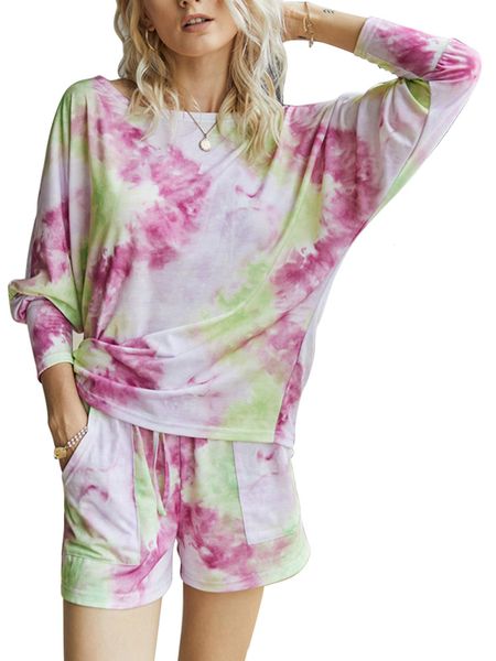 

loose round neck long sleeve lace-up pants women fashion tie-dyed fabric casual suit for home and outdoor, White