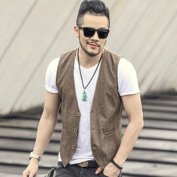 

lookbuy 2018 new khaki color single breasted cotton linen vest casual mens suit vest wedding waistcoat brand clothing1, Black;white