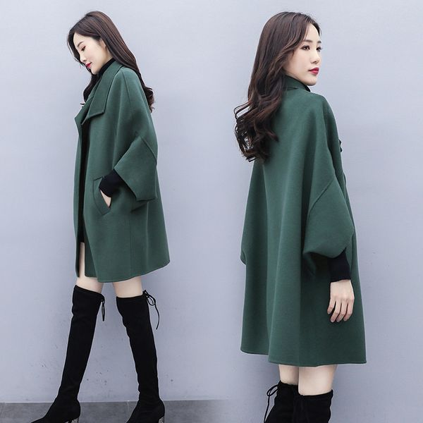 

green tweed women's long cape bat sleeve 2020 new spring and autumn winter woollen cocoon loose coat, Black