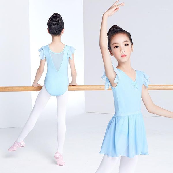 

stage wear ballet leotards for girls kids dance leotard short sleeve mesh splice cotton costume with chiffon skirt set1, Black;red