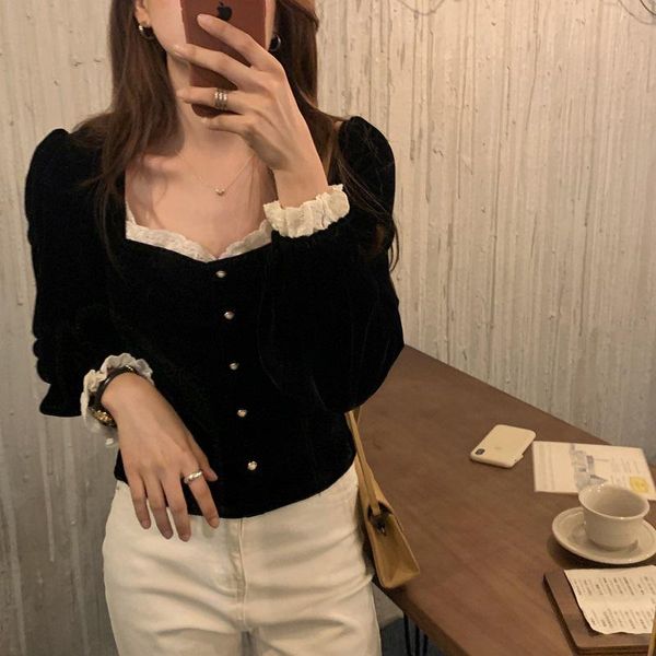 

alien kitty 2020 autumn women chic sweet lace patchwork new girls velvet elegant blouse casual all-match shirt, White