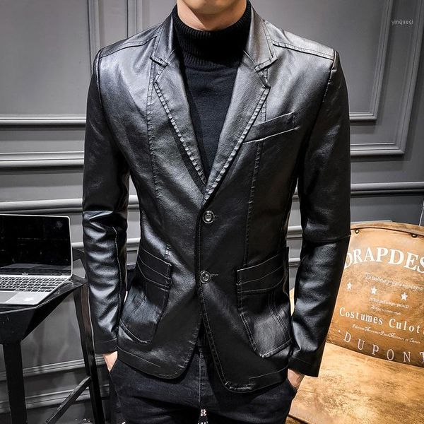 

2020 spring and autumn leather men's korean slim fashion suit business coat and casual leather jacket men's wear1, Black